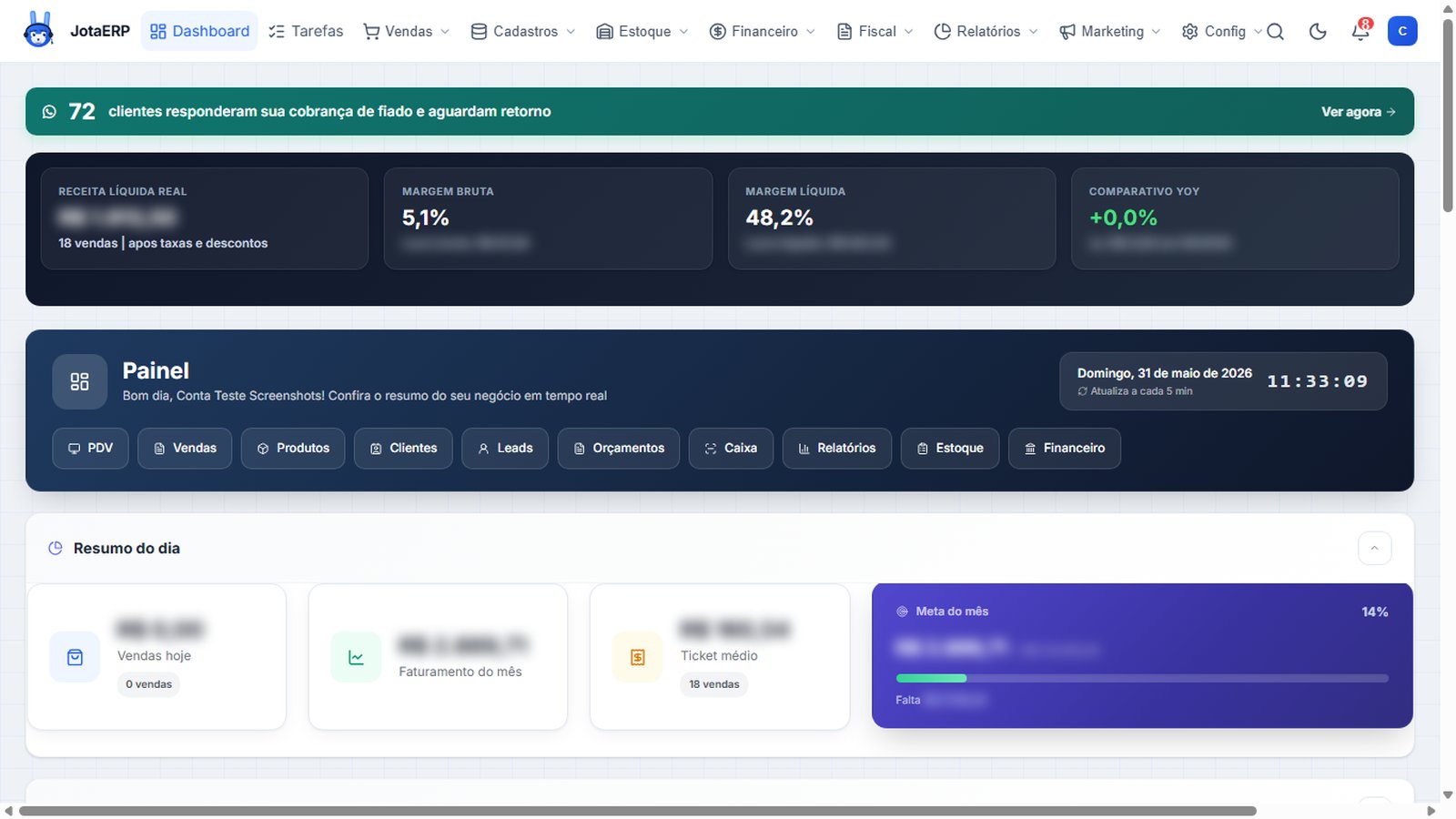 Dashboard principal do JotaERP